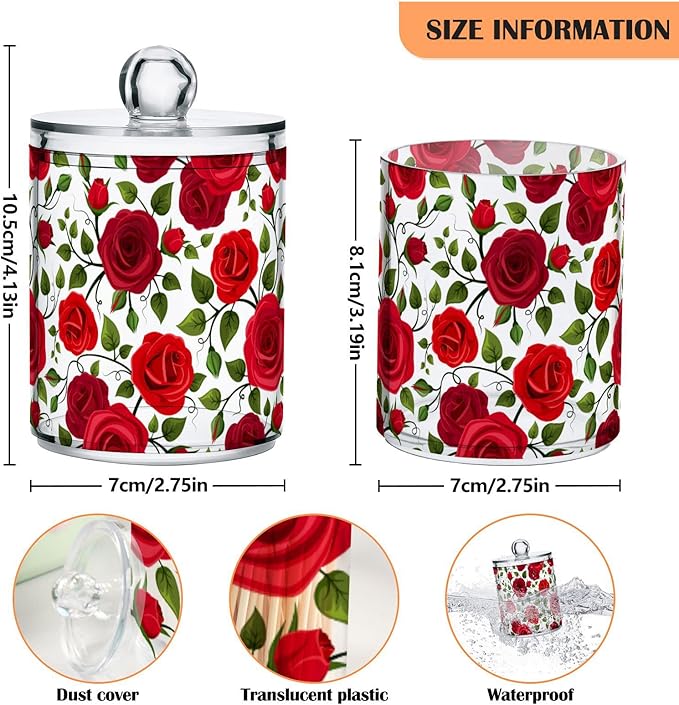 2 Pack Qtip Holder Dispenser Red Rose Flowers Bathroom Storage Canister Lid Acrylic Plastic Apothecary Jar Set Vanity Makeup Organizer for Cotton Swab/Ball/Round Pads, Floss-Ruum Studio Home