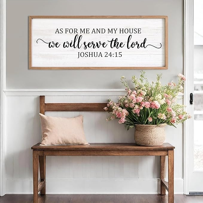 As For Me And My House We Will Serve The Lord Framed Wall Art, 40''×15'' Horizontal Positive Religious Rustic Bible Verse for Christian God Jesus Christ Prayer, Vintage Holy Catholic Scripture Decor-Ruum Studio Home