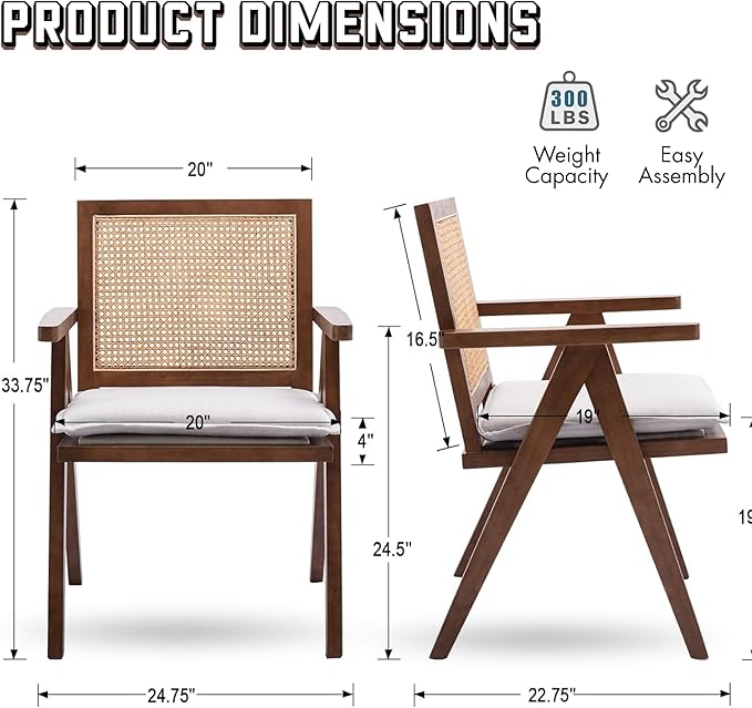 Rattan Dining Chairs Set of 2, Farmhouse Wicker Dining Chairs with Removable Linen Cushion Accent Cane Armchair for Dining Room Kitchen Restaurant, Walnut-Ruum Studio Home