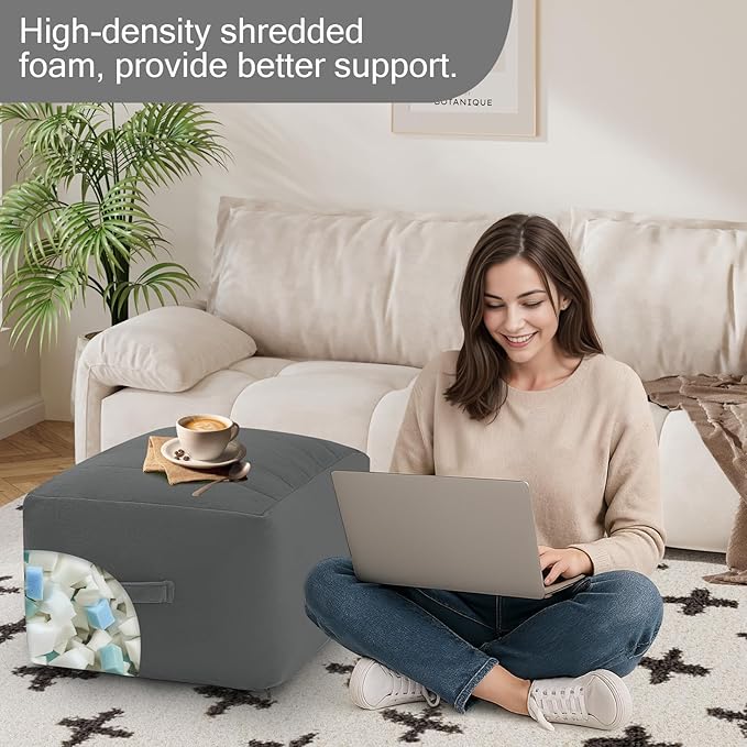 MeMoreCool Square Stuffed Pouf Ottoman Foot Rest, Floor Pouf Foot Stool with Foam Chunk Filling, Soft Stuffed Ottoman Footrest for Living Room, Dark Grey-Ruum Studio Home