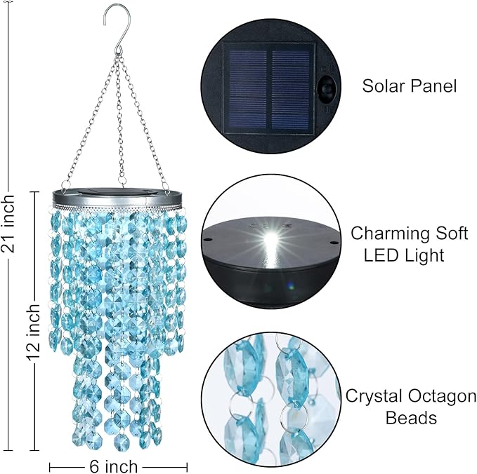 Hanging Solar Lantern Outdoor, 2 Tiers 21” Solar Blue Acrylic Beaded Chandelier with Cool White LED S Hooks for Garden Yard Patio Gazebo Outside Decor-Ruum Studio Home