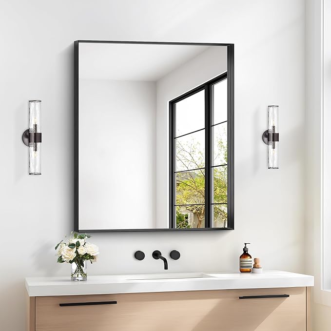 Black Bathroom Mirror, 30x36 Inch Rectangular Framed Mirror, Large Wall Mounted Bathroom Vanity Mirror Over Sink for Bedroom,Restroom, Living Room, Hangs Vertically or Horizontally-Ruum Studio Home