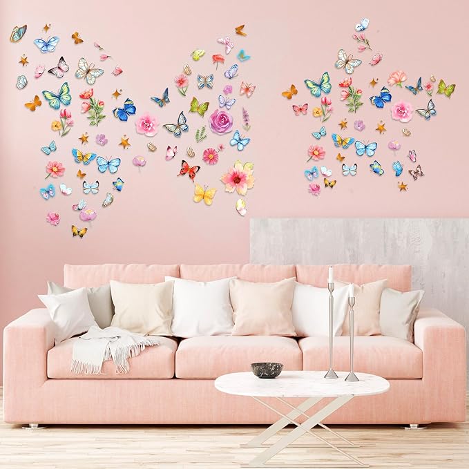 Glow in The Dark Butterfly Flower Wall Decals Glowing Luminous Butterflies Removable Self-Adhesive Wall Stickers for Girls Bedroom Nursery Living Room Decor 4 Sheets (Butterfly 3)-Ruum Studio Home