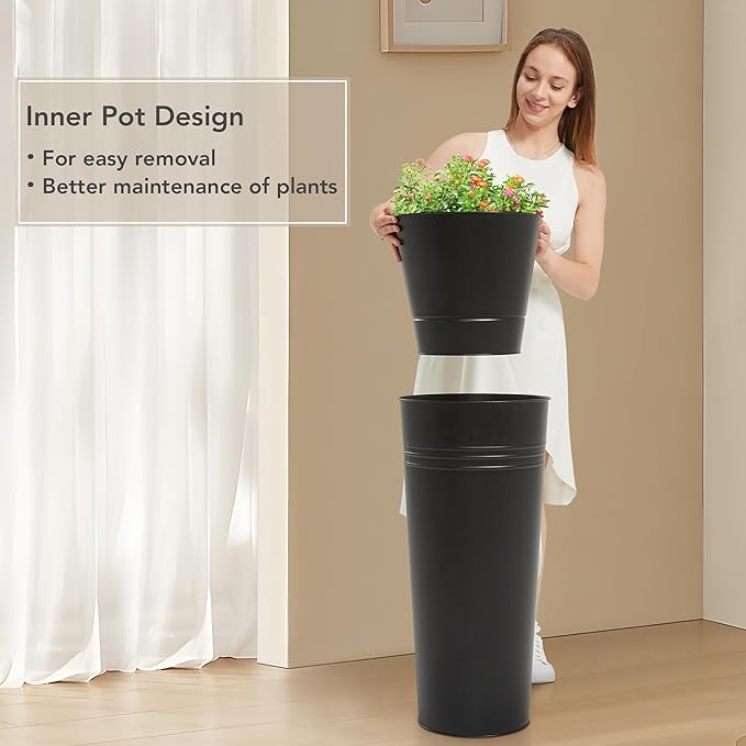 KOL 28'' Tall Galvanized Steel Planter Pot - Flower Pot with Water Level Indicator for Plants - 2-Pack Self Watering Planters - Round Black Powder Metal Planter Box - Indoor Outdoor Grande Plant-Ruum Studio Home