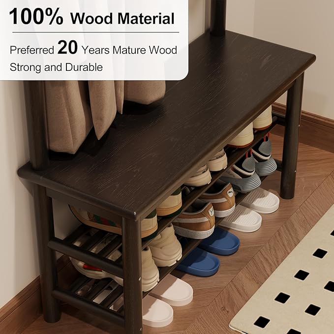 Coat Rack with Shoe Storage, Wooden Hall Tree with Bench, 11 Hooks and 2-Tier Storage Shelves, 3-in-1, Entryway Bench with Coat Rack (31.5"-Deep Black)-Ruum Studio Home