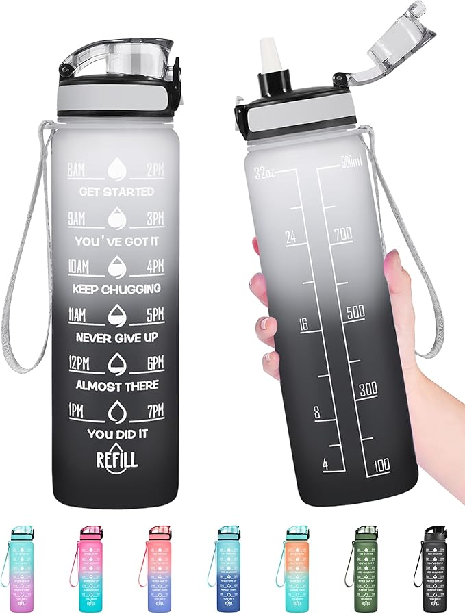 Enerbone Water Bottle, Leakproof BPA & Toxic Free, Motivational Water Bottle with Times to Drink and Straw, Fitness Sports Water Bottle with Strap for Office, Gym, Outdoor Sports-Ruum Studio Home