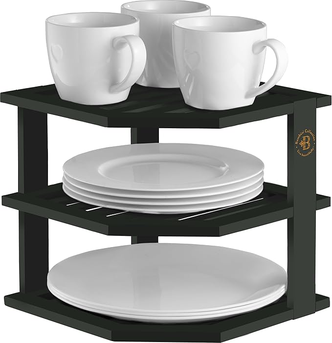 Cabinet Organizer Shelf - Bamboo Corner Rack for Kitchen Counter, Cabinet Space Saver for Plates, Dishes, Bowls, Bread Pantry, Bathroom Storage or Countertop Stand, Black-Ruum Studio Home