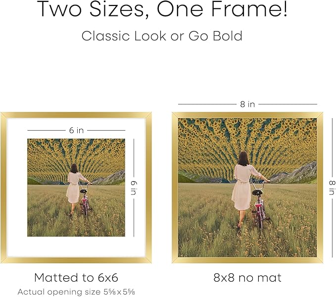 Homeforia 8x8 Picture Frame Gold, High End Metal 8 x 8 Square Photo Frames with Mat 6 by 6, 8x8 Poster Frame Matted to 6x6 inches Print, 8by8 Wall or Tabletop Frame, Tempered Glass, Wall Kit, Set of 1-Ruum Studio Home
