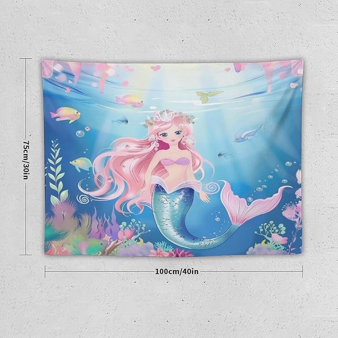 HZOHNAGO Mermaid Girls Tapestry Watercolor Mermaid Princess Pattern Printed Wall Tapestry Wall Hanging for Bedroom Living Room Dorm 40" W x 30" H-Ruum Studio Home