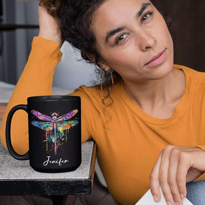 Colorful Dragonfly Ceramic Cup - Personalized Name Coffee Mug for Birthday, Gift for Son Daughter, Customized Black Animal Mug, Dragonfly Lover Cup 11oz 15oz-Ruum Studio Home