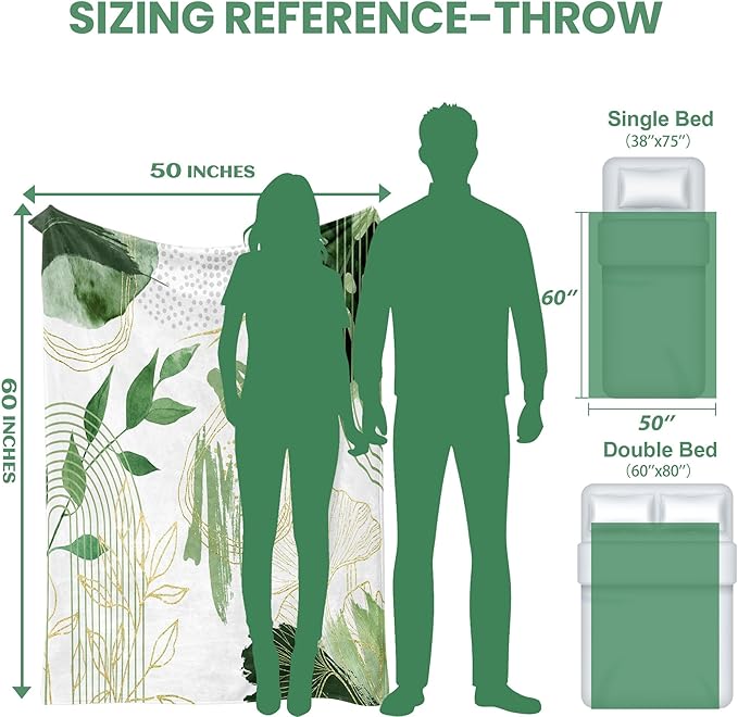 Sage Green Leaf Throw Blanket Mid-Century Green and Gold Boho Flannel Blankets for Couch Bed Living Room Sofa, Decorative Patterned Super Soft Cozy, 50x60 in-Ruum Studio Home