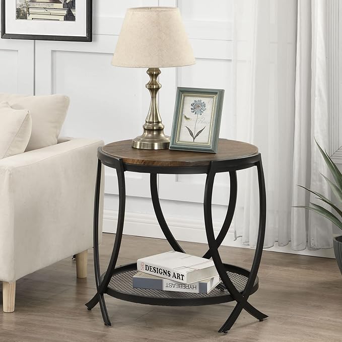 ASYA Industrial Round End Table with Storage Shelf, 2-Tier Side Table for Living Room, Adjustable Feet & lmitation Wood Grain Surface, Rustic Brown-Ruum Studio Home