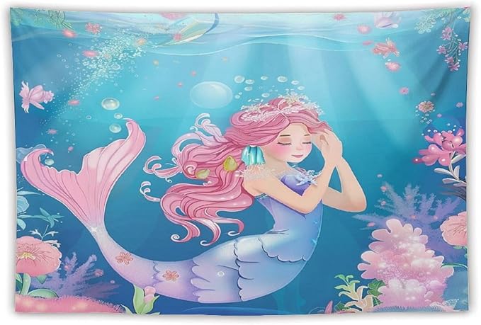 HZOHNAGO Mermaid Girls Tapestry Watercolor Flowers Mermaid Princess Blessing Pattern for Kids Room Decoration Printed Wall Tapestry Wall Hanging for Bedroom Living Room Dorm 60" W x 40" H-Ruum Studio Home