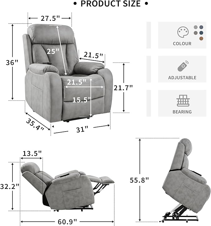 Power Lift Chair Recliners for Elderly, Leathaire Modern Adult Power Lift Chair Overstuffed Electric Lift Recliner Chair with Side Pocket for Living Room Bedroom (Light Gray)-Ruum Studio Home