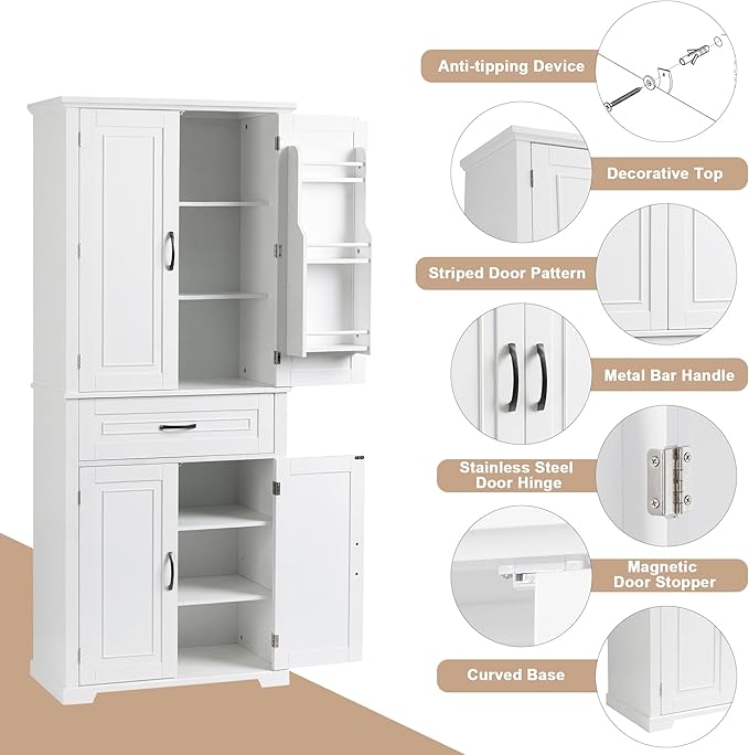 72.2" Tall Storage Cabinet with 4 Doors and Drawer, Freestanding Linen Cabinet, Wooden Pantry with Adjustable Shelf for Kitchen, Bathroom, Living Room White-Ruum Studio Home