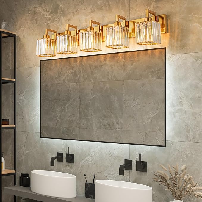 Modern Bathroom Vanity Light 5-Lights Chrome Crystal Wall Lamp Bathroom Modern Crystal Vanity Lighting-Ruum Studio Home