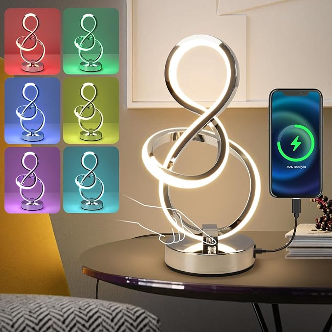 Modern Spiral Table Lamp, 7 Colors 10 Light Modes LED Nightstand Small Lamp with USB C+A Ports, Touch Dimmable Lamps for Living Room Bedroom Bedside, Unique & Cool Lamps,Silver-Ruum Studio Home