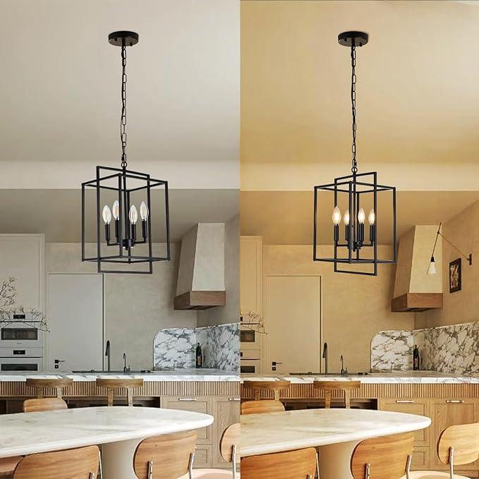 4-Light Vintage Black Chandelier, Foyer Lighting Fixtures Farmhouse Chandeliers for Dining Room, Modern Industrial Lantern Pendant Light for Kitchen Island Entryway Stairway-Ruum Studio Home