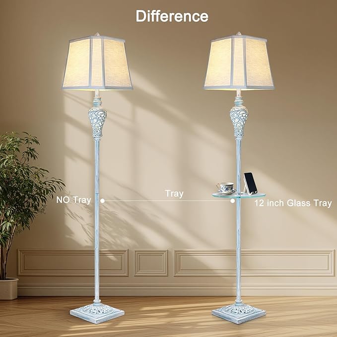 Vintage Floor Lamp with Night Light and Glass Tray, 65" High Retro Standing Lamp with Washed Blue Finish and White Linen Shade, Farmhouse Tall Lamp Decor for Living Room Bedroom House (Bulb Included)-Ruum Studio Home