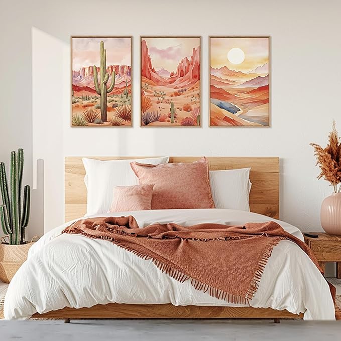 HLNIUC Boho Desert Plant Framed Canvas Wall Art Set,Southwestern Sun Mountain Wall Decor,Cactus Sunset Landscape Wall Painting,Watercolor Abstract Desert Art Prints for Living Room,Bedroom - 16”x24”x3-Ruum Studio Home