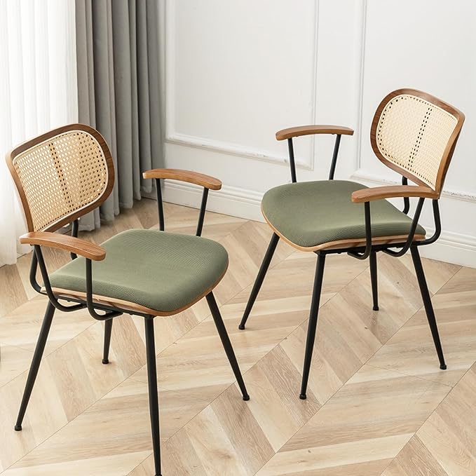 Rattan Dining Room Chairs Set of 2,Mid Century Modern Kitchen Side Chairs,Metal Legs Desk Chairs,Green Modern Corduroy Fabric Accent Chairs with Arms and Rattan Backrest-Ruum Studio Home