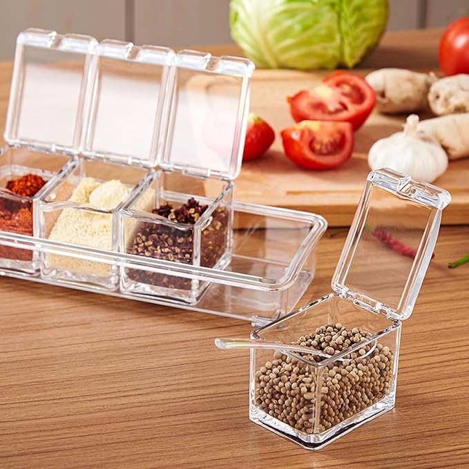 4 PCS Seasoning Box, Clear Spice Containers with Spoon, Acrylic Toppings Containers with Lids, Kitchen Multi Spice Box for Salt, Sugar, Pepper, Garlic Powder-Ruum Studio Home