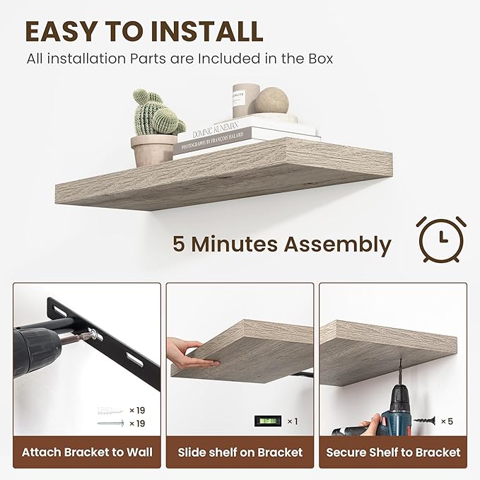 24 Inch Floating Shelves, 11.6 Inch Deep Floating Shelves for Wall, Floating Shelf with Invisible Brackets, Deep Shelves for Bathroom, Bedroom, Living Room, 2 Pack, Vintage Gray Oak-Ruum Studio Home