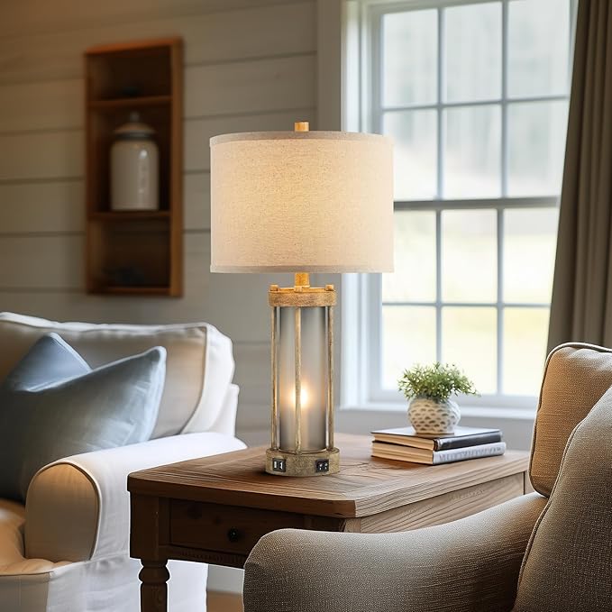 Farmhouse Table Lamps Set of 2 for Living Room, Vintage Bedroom Nightstand Lamp with Dual USB Ports, Bedside Lamp with Frosted Glass Nightlight for End Table Entryway, 4 Bulbs Included (Earthy Gray)-Ruum Studio Home