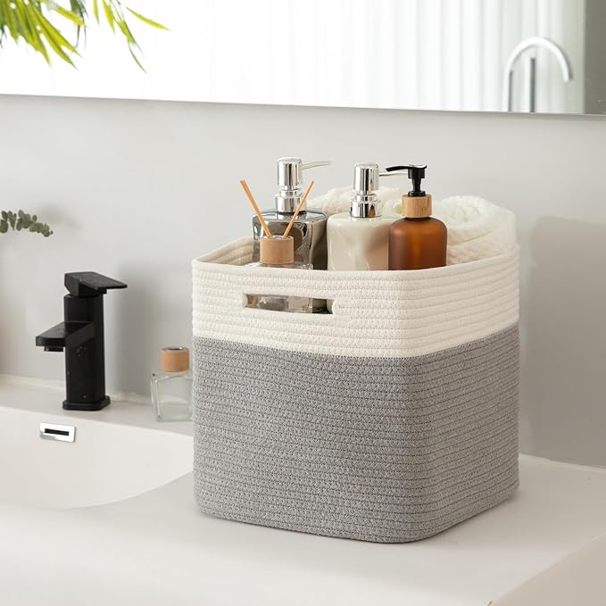 OIAHOMY Cube Storage Basket, 3-Pack Woven Cotton Rope Baskets for Storage, 11-Inch Cube Basket with Handles, Great for Shelves, Closets, Children's Toy Storage and Organization-White & Grey-Ruum Studio Home