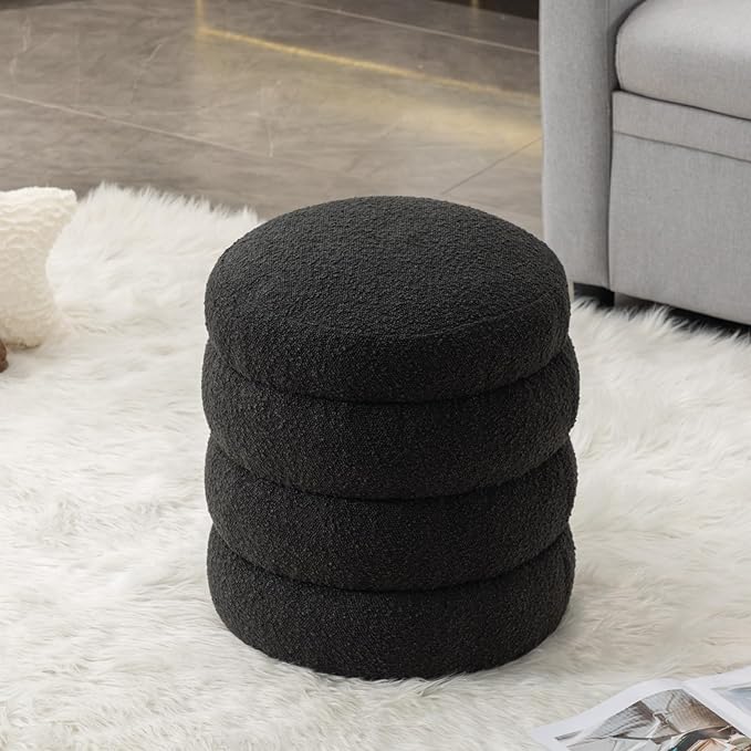 Furniliving Modern Round Ottoman, Soft Bedroom Ottoman Footstool Round Ottomans Stool for Living Room, Bedroom, Makeup Room, Black, Boucle-Ruum Studio Home