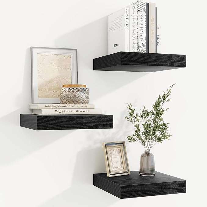 fuqing Floating Shelves for Wall, Bathroom Shelf Wall Mounted for Storage, Shelves with Invisible Bracket for Bedroom, Kitchen, Living Room, Farmhouse Small Book Shelf, 6.5 Inch Set of 3, Black-Ruum Studio Home