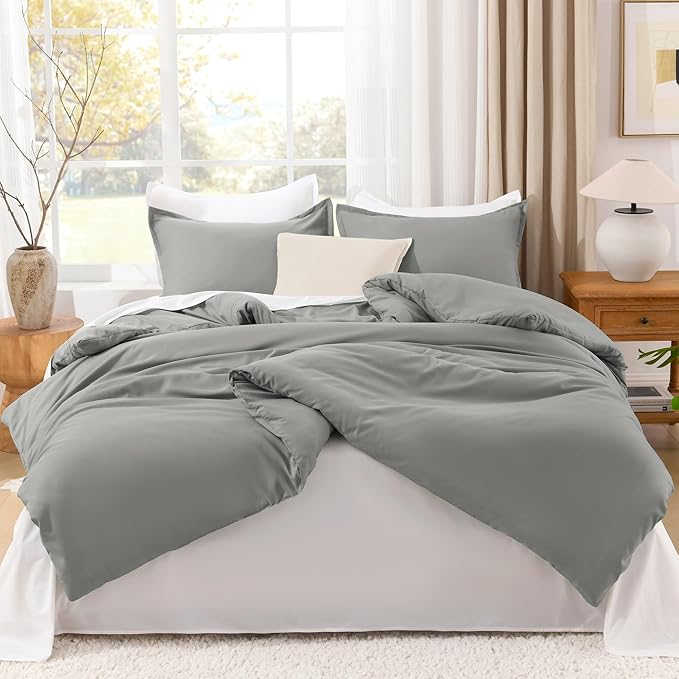 Litanika Comforters Medium Gray Super King Plus Size, 3 Pieces Lightweight Solid Bedding Set & Collections, All Season Fluffy Bed Set (128x120In Comforter & 2 Pillowcases)-Ruum Studio Home