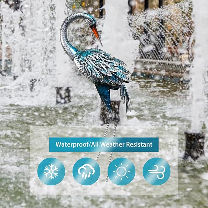 37 Inch Blue Heron Crane Statue, Metal Yard Art Outdoor Decoy, Garden Sculpture for Lawn/Pond Decoration, 1Pc, ORTBL-CR24053A-18-Ruum Studio Home