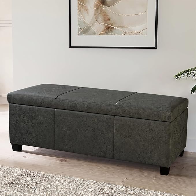 BELLEZE Storage Faux Leather Ottoman, 47 Inch Bench Bedroom Bench with Safety Close Hinge, Extra Long Ottoman with Storage for Living Room, Entryway, Hallway, Foot Rest, Support 300lbs - Rustic Gray-Ruum Studio Home