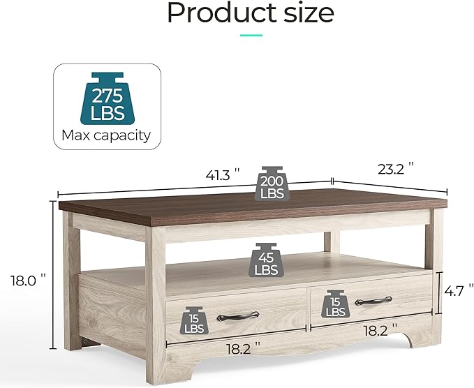 LINSY HOME Farmhouse Coffee Table with Storage, Wood Coffee Table for Living Room, Open Display Area and Storage Drawers with Metal Handles, Chic Style with Curved Base. Oak and Brown-Ruum Studio Home