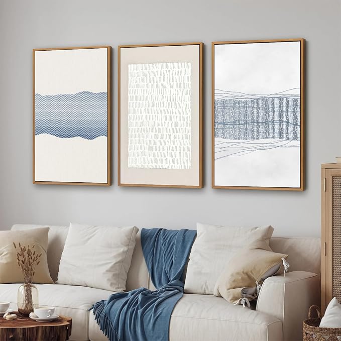 SIGNINART Large Abstract Framed Canvas Wall Art Set of 3, Minimalist Boho Line Art Prints, Modern Neutral Aesthetic Wall Decor, Blue and White Art Paintings for Living Room, Bedroom, Office 16"x24"-Ruum Studio Home
