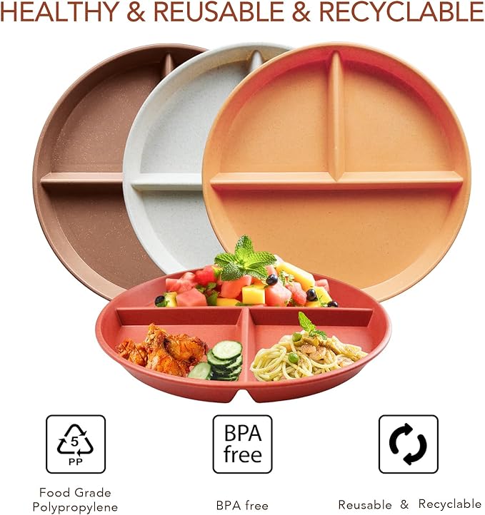 greenandlife 9 Inch 4PCS Unbreakable Portion Control Plates, Divided Plates for Kids Adults, Dishwasher & Microwave Safe Compartment Plate, Lightweight Reusable Wheat Straw Plate, BPA Free-Ruum Studio Home