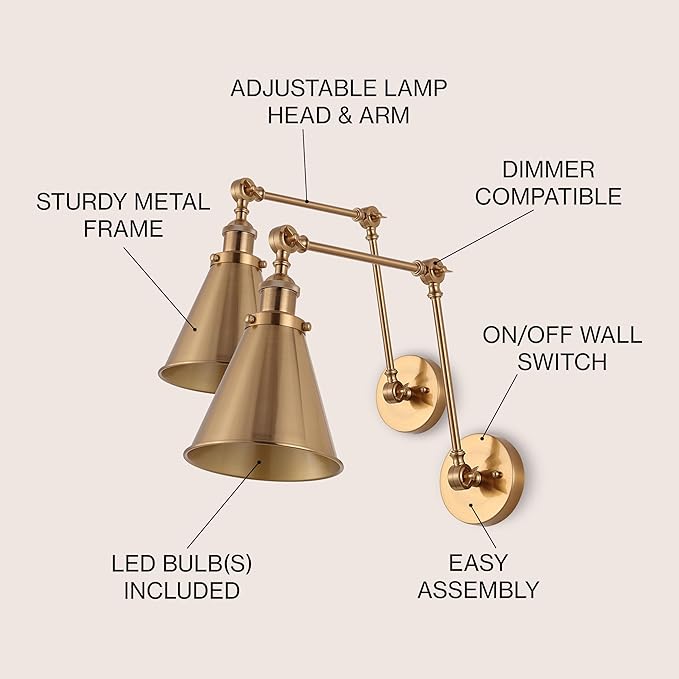 JONATHAN Y JYL7461A-SET2 Rover 7" Farmhouse Industrial Adjustable Arm Metal LED Wall Sconce Rustic Bohemian 2700K 4W Bulb for Entryway Lobby Kitchen Bathroom Bedroom Hallway, Brass Gold (Set of 2)-Ruum Studio Home