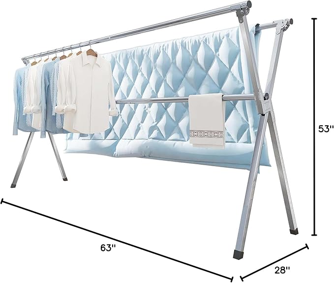 Clothes Drying Rack 63 Inches Folding Indoor Outdoor, Drying Rack Clothing Collapsible, Foldable Portable Laundry Drying Rack, Heavy Duty Laundry Hanger Dryer Rack, with 20 Hooks 12 Clips-Ruum Studio Home