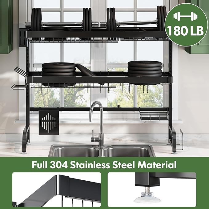 3 Tier Extra Large Stainless Steel Expandable Over The Sink Dish Drainer Drying Rack, Rust Proof Metal, Space Saving, Modern Black Big Capacity Extendable Plate Strainers Above Kitchen Counter-Ruum Studio Home
