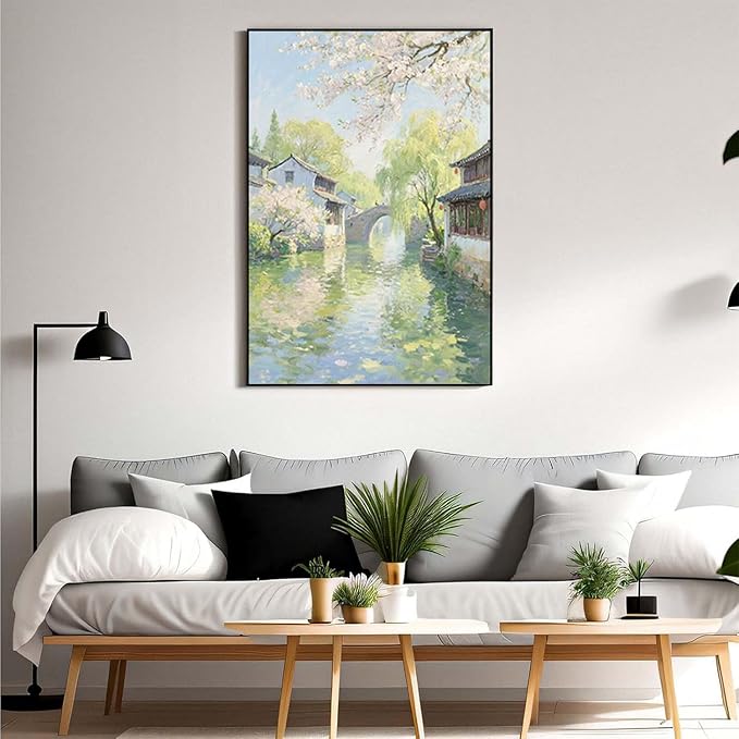 Small bridge stream house Jiangnan style landscape poster suitable for living room bedroom office natural oil painting poster-Ruum Studio Home