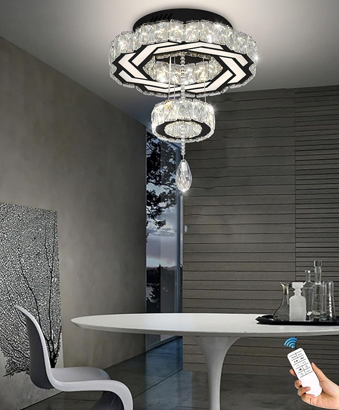 Flashing God Small Crystal Chandeliers Dia 12" Black Chandelier Flush Mount Ceiling Light for Bedroom Living Room Dining Room Hallway Dimmable 3 Rings LED Celing Lighting Fixtures-Ruum Studio Home