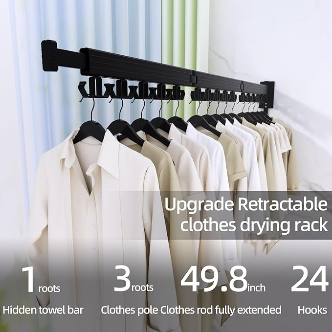 Clothes Drying Rack, Wall Mounted Laundry Drying Rack, Upgrade 3-Fold Foldable Collapsible Retractable Clothing Drying Rack with 12 Dual Hooks Organization for Laundry Room Indoor- Black-Ruum Studio Home