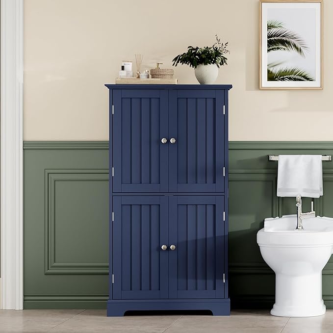 ChooChoo Bathroom Floor Cabinet, Modern Bathroom Storage Cabinet with 4 Doors and Adjustable Shelves, Freestanding Cupboard for Living Room, Navy Blue-Ruum Studio Home