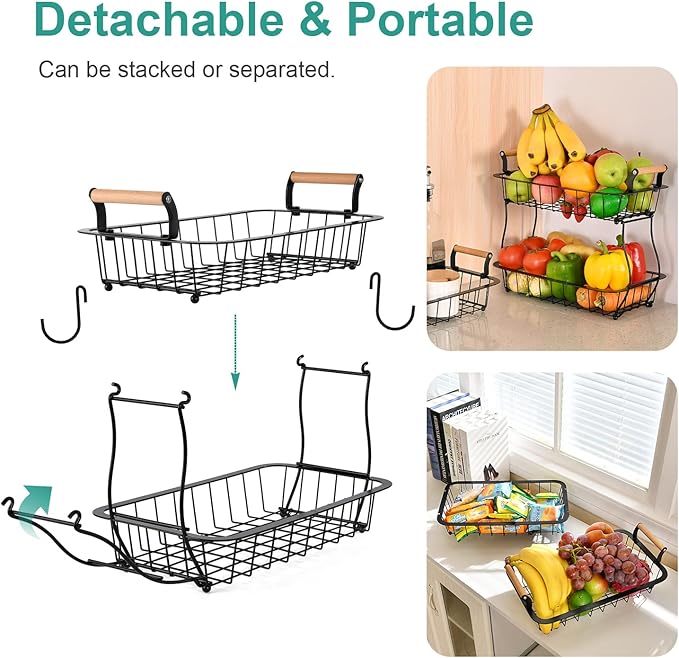 ANTOPY 2 Tier Fruit Basket with 2 Banana Hangers, Countertop Fruit Vegetable Basket Bowl for Kitchen Counter Metal Wire Fruits Storage Stand Holder Organizer for Bread Snack Veggies Produce-Ruum Studio Home