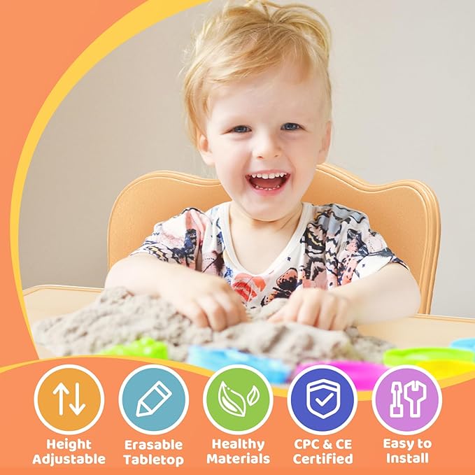 FUNLIO Kids Table and 4 Chairs Set for Ages 3-8, Height Adjustable Toddler Table and Chair Set, Easy to Wipe Arts & Crafts Table, for Classrooms/Daycares/Homes, CPC & CE Approved (5 pcs Set) - Natural-Ruum Studio Home