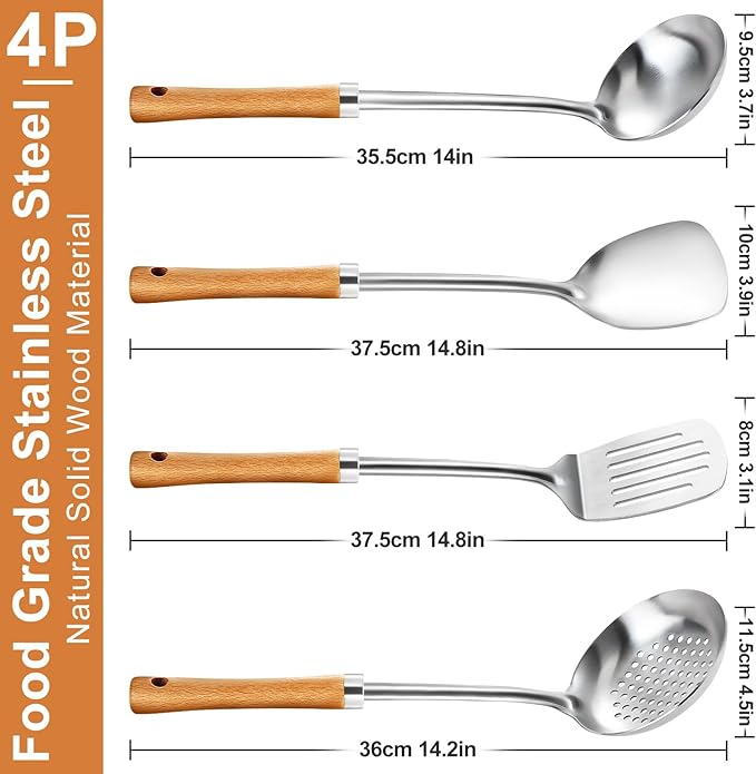 Pleafind 4-Pcs Cooking Utensils Set, Stainless Steel Kitchen Utensils with Wooden Hanlde, Kitchen Essentials Set Include Wok Ladle, Slotted Spoon, Wok Spatula and Slotted Spatula, Dishwasher Safe-Ruum Studio Home