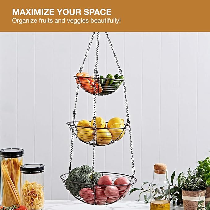 REGAL TRUNK & CO. 3 Tier Hanging Fruit Basket, Farmhouse Wire Basket, Three Tier Fruit Basket for Kitchen for Vegetables, Bread & More, Metal Chain, Hanging Hook and Detachable Round Wire Baskets-Ruum Studio Home