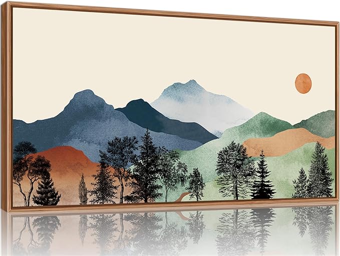 SIGNINART Large Boho Mountains Framed Canvas Wall Art, Watercolor Nature Landscape Art Prints, Neutral Modern Sunrise Art Paintings, Green Forest Wall Decor for Living Room, Bedroom, Office 20"x40"-Ruum Studio Home