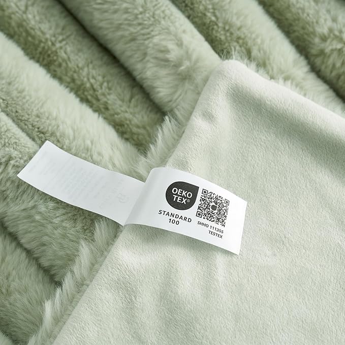 Cozy Bliss Faux Fur Throw Blanket for Couch, Cozy Warm Plush Striped Blanket for Sofa Bedroom Living Room, 60 * 80 Inches Sage Green-Ruum Studio Home